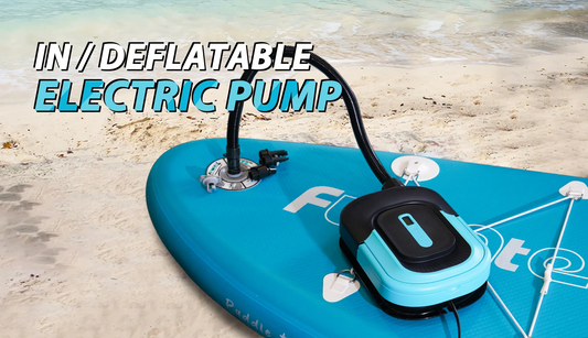 Electric paddle board pump, best SUP pump, electric pump for SUP - The Manta pump in use on the beach