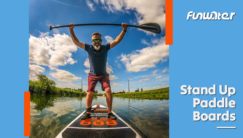 A man stands on a paddleboard, holding a paddle overhead, with the FunWater logo and "Stand Up Paddle Boards" text on a blue background to the right.