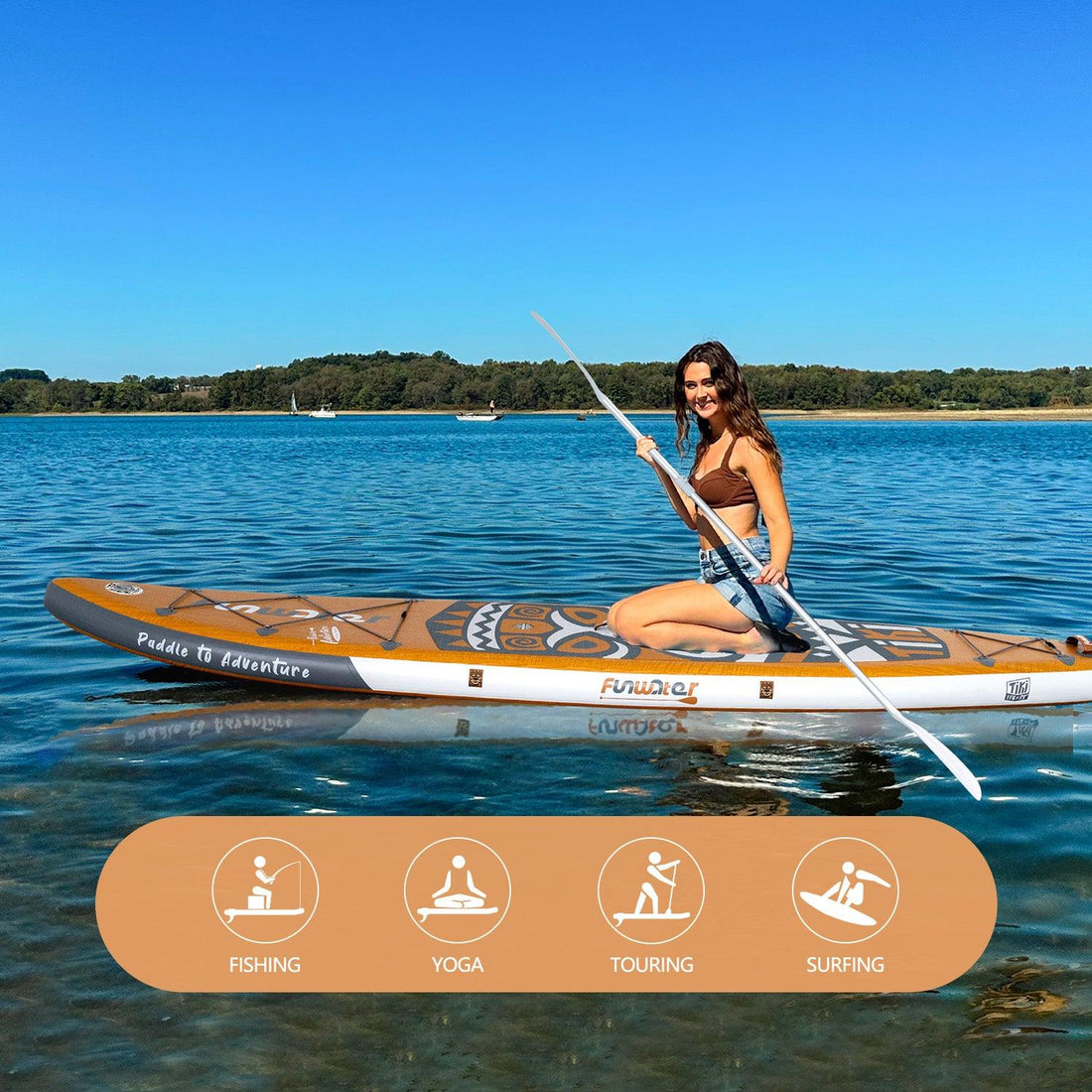 Retro Tiki 11′6″ inflatable paddle board, perfect for beginners and families on a budget