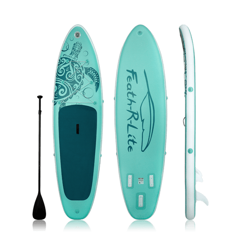 blow up paddle board features a green design and come with a single-blade paddle.