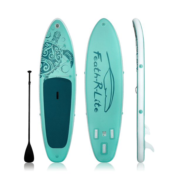 blow up paddle board features a green design and come with a single-blade paddle.