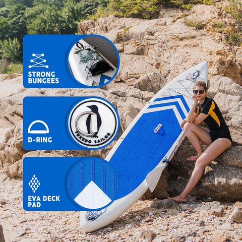 Funwaterbest inflatable sup boards’s features: STRONG BUNGEES, D-RING, and EVA DECK PAD.