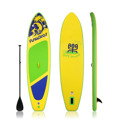 inflatable paddle board for adults features surfing design and comes with single-blade paddle