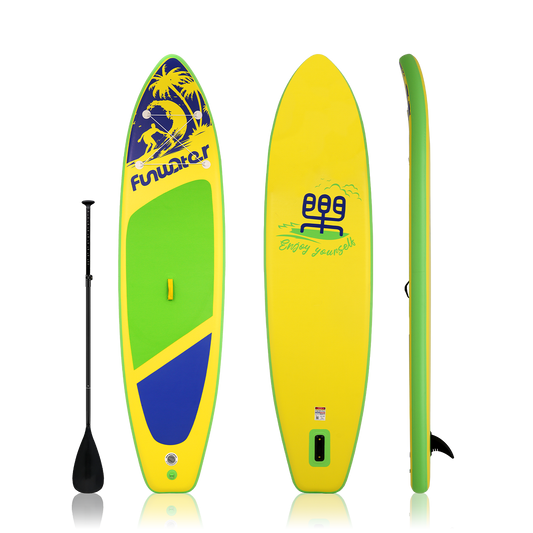 inflatable paddle board for adults features surfing design and comes with single-blade paddle