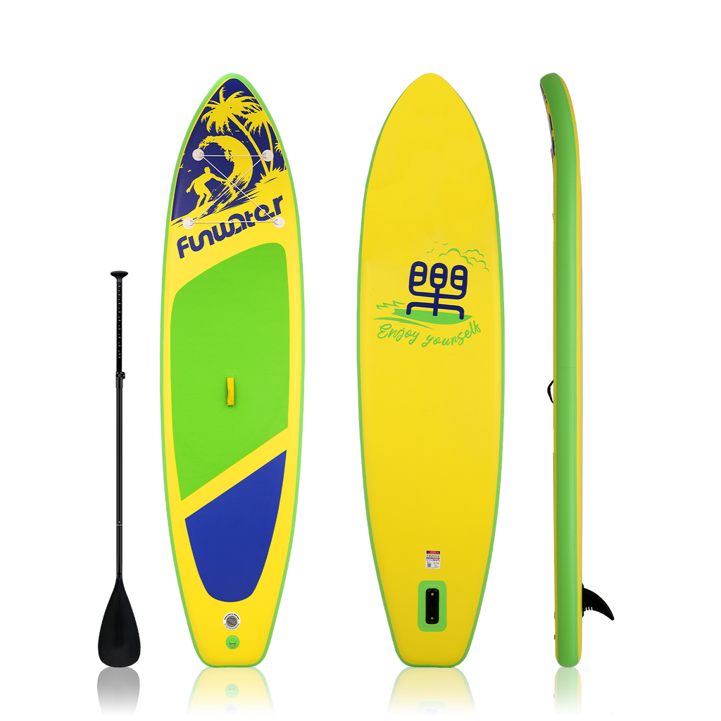 inflatable paddle board for adults features surfing design and comes with single-blade paddle