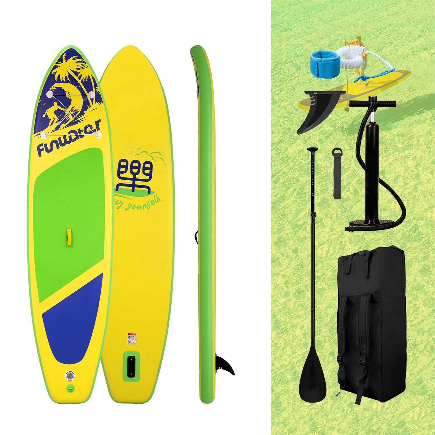 Inflatable SUP boards accessories come with pump, paddle,and removable fins