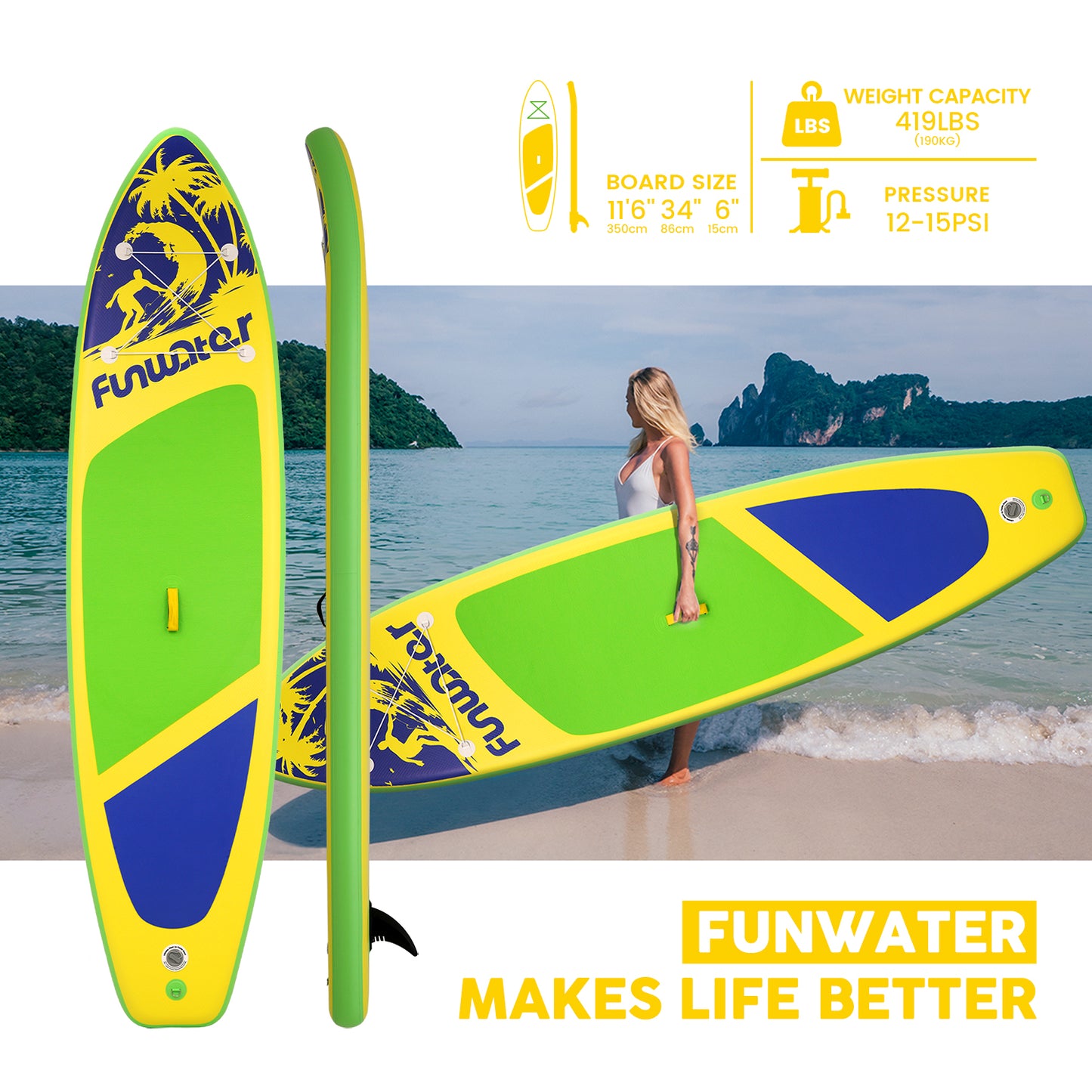 Funwater paddle board for adults Size: 11'6" x 34" x 6" // Weight Capacity: 419 lbs (190 kg) 