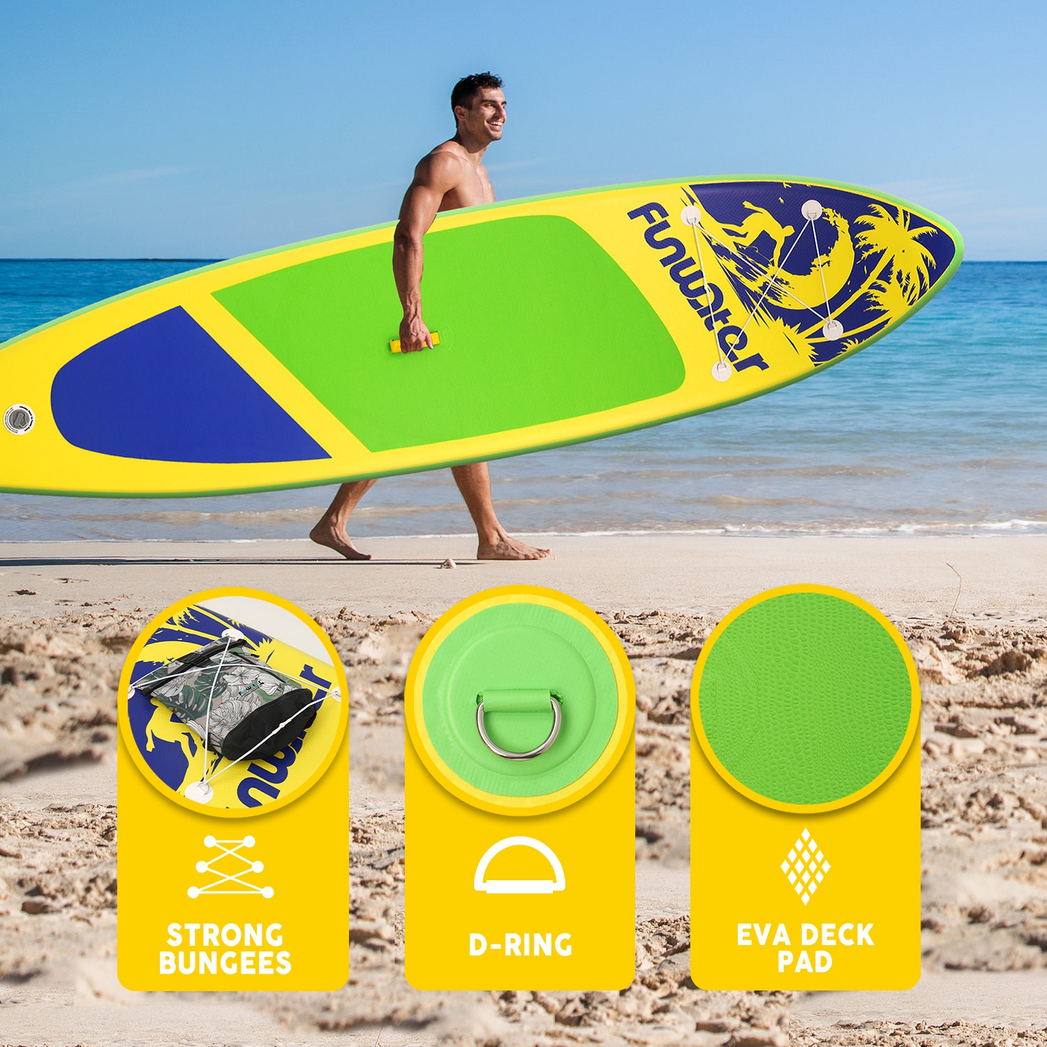 Funwater inflatable paddle board’s features: STRONG BUNGEES, D-RING, and EVA DECK PAD.