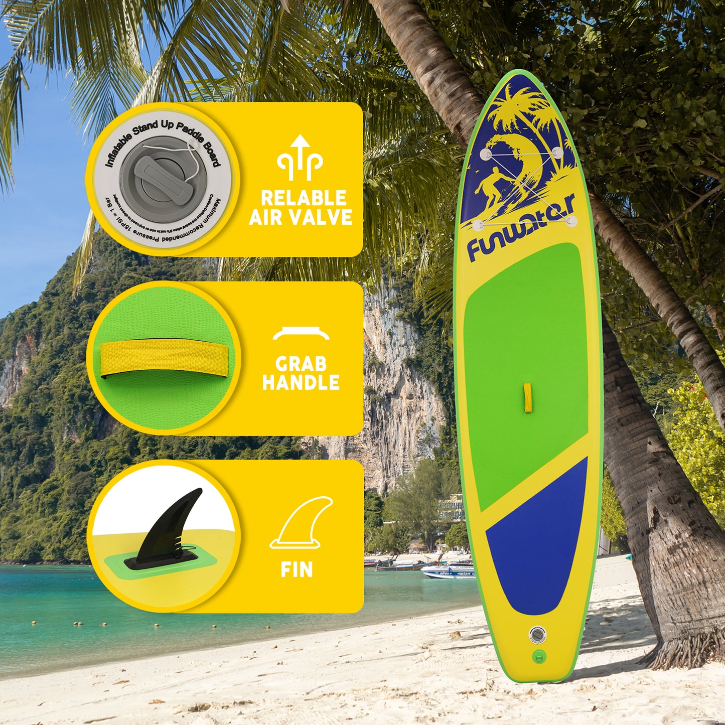 Funwater stand up paddle board’s features: FIN, RELIABLE AIR VALVE, and GRAB HANDLE.