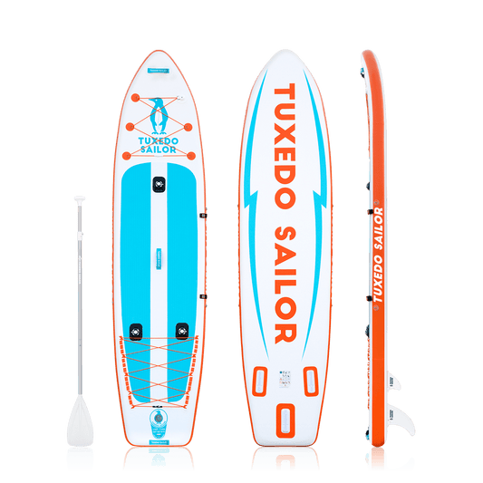 Tuxedo Sailor best inflatable stand up paddle board for fishing comes with single-blade paddle