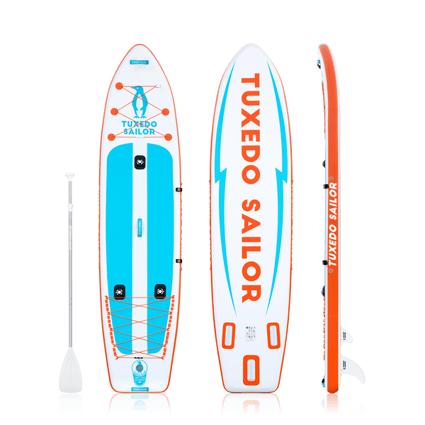 Tuxedo Sailor best inflatable stand up paddle board for fishing comes with single-blade paddle