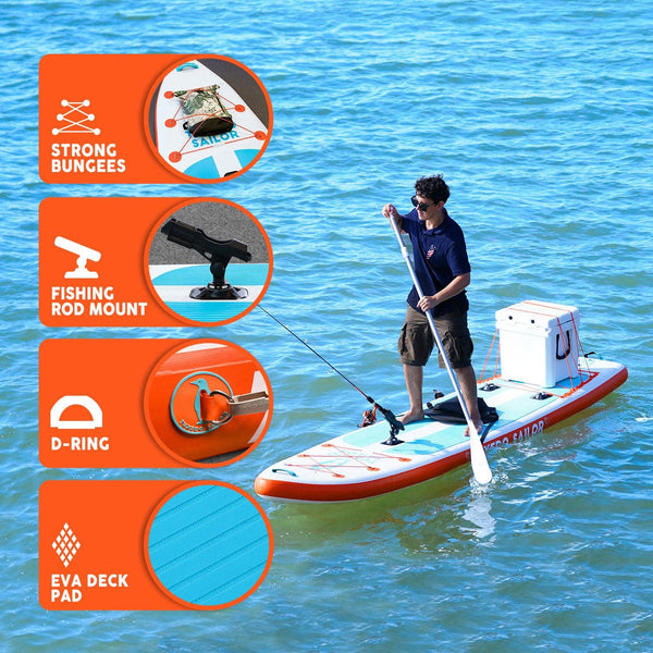 inflatable paddle board for fishing’s features: STRONG BUNGEES, FISHING ROD MOUNT, D-RING, and EVA DECK PAD