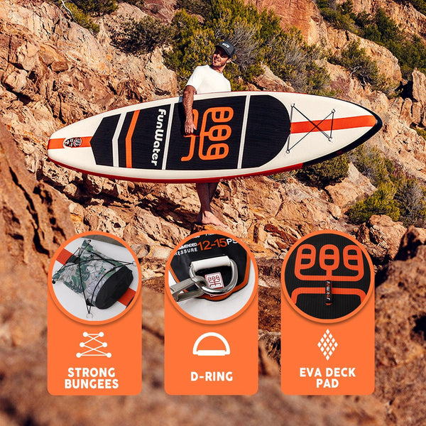 Inflatable paddle board’s features: STRONG BUNGEES, D-RING, and EVA DECK PAD.