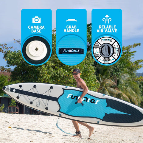 Funwater blow up paddle board’s features: CAMERA BASE, RELIABLE AIR VALVE, and GRAB HANDLE. 