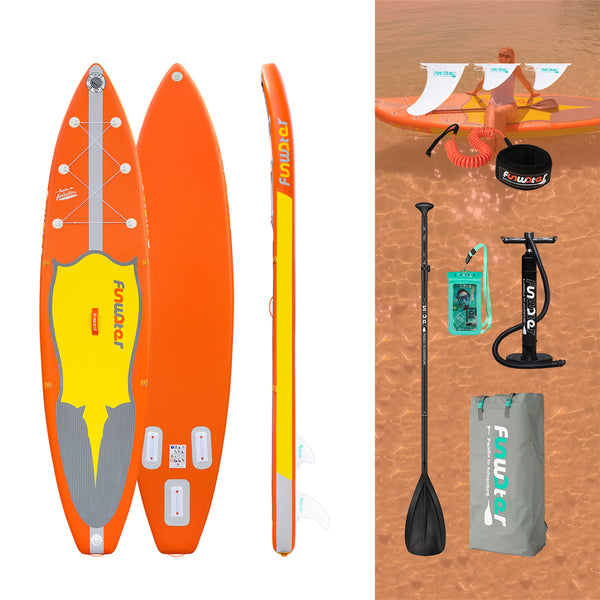 Inflatable stand up paddle board accessories in canada come with fins, waterproof phone pouch, pump, paddle