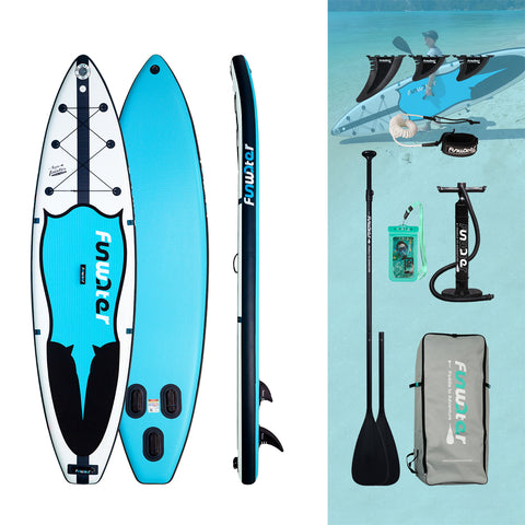 Blow up paddle board accessories come with fins, waterproof phone pouch, pump, paddle