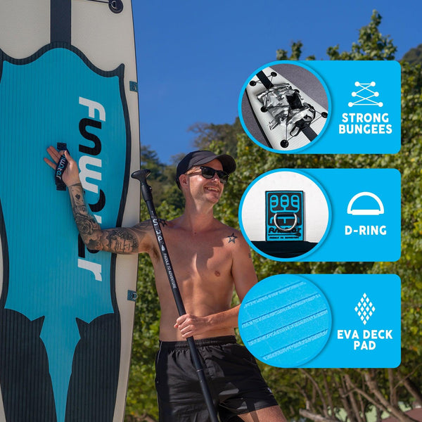 Funwater inflatable paddle board’s features: STRONG BUNGEES, D-RING, and EVA DECK PAD.