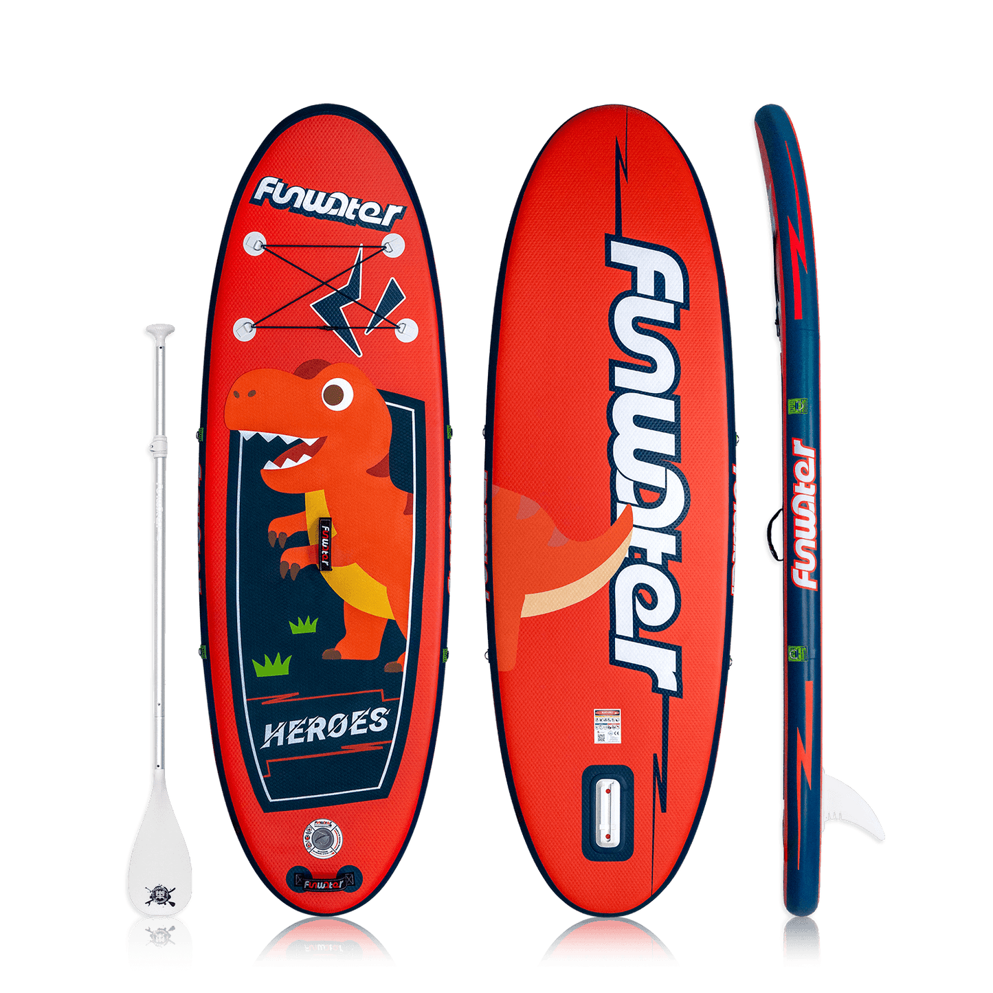 best inflatable stand up paddle board for kids features a Heroes design and come with a  single-blade paddle