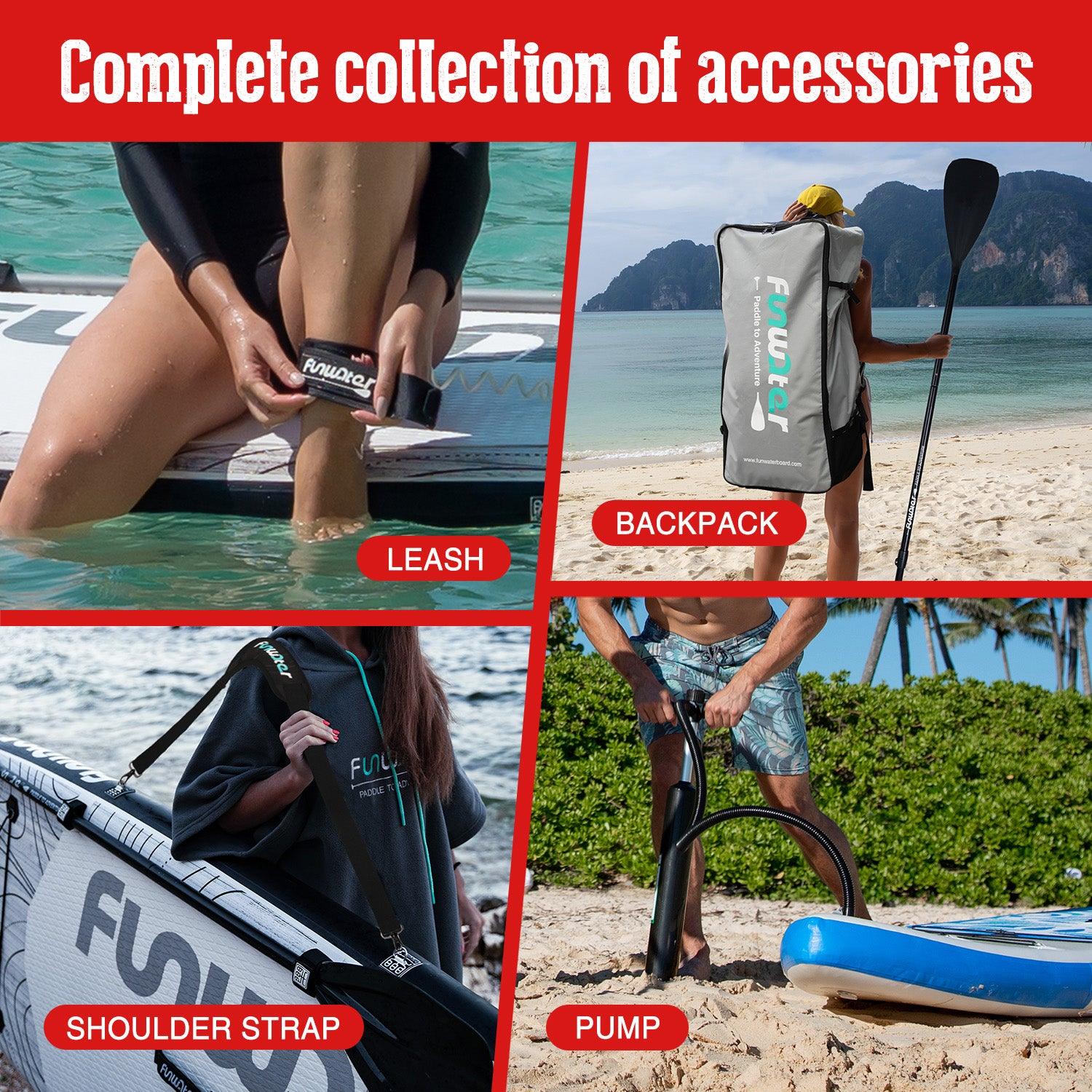 Funwater paddle board accessories collection in Canada include: pump, leash and backpack