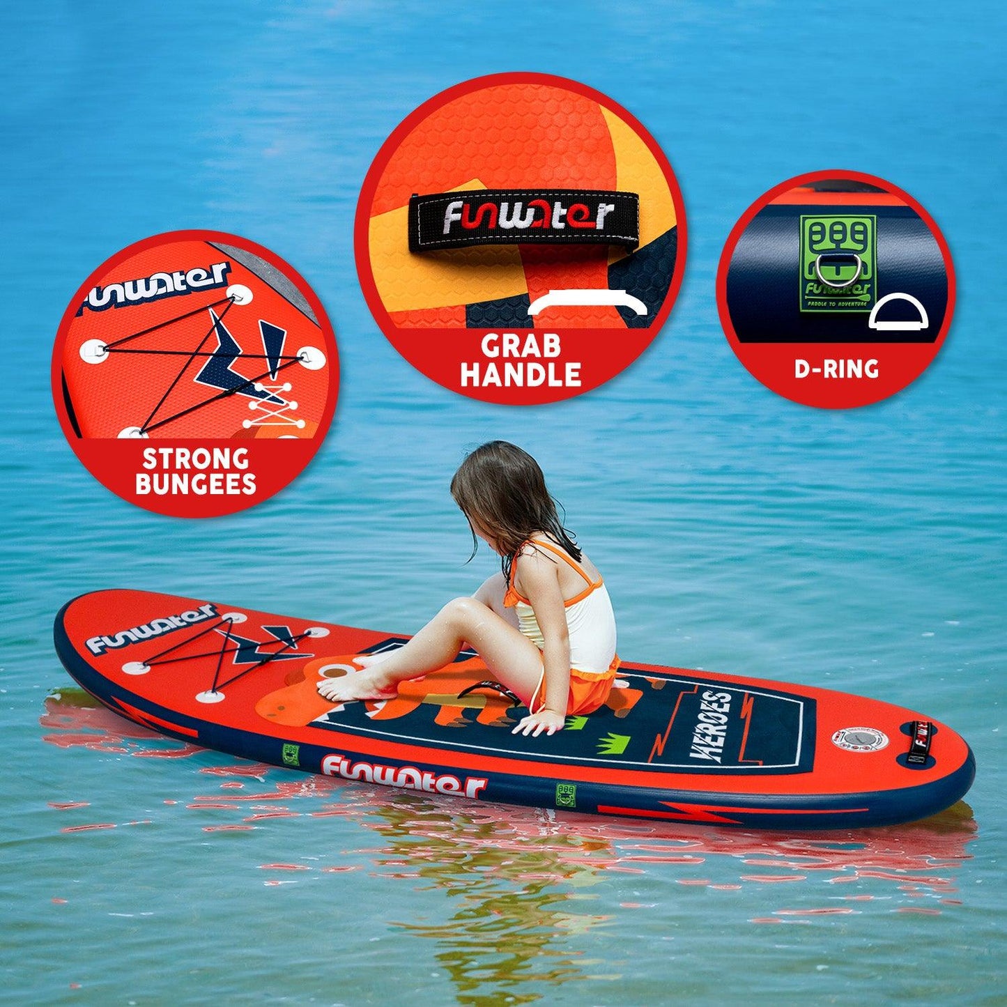 Funwater inflatable paddle board for kids features: STONG BUNGEES, GRAB HANLE, D-RING