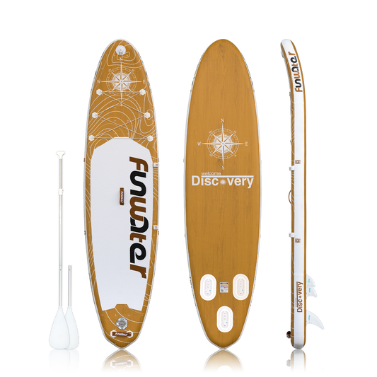 Funwater sup board for adults features a brown design and comes with a double-blade paddle.