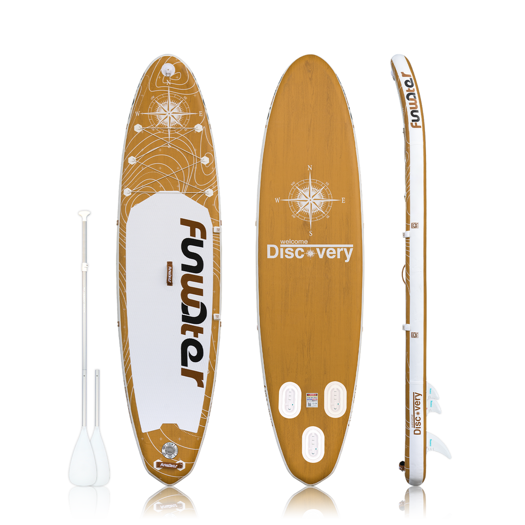 Funwater sup board for adults features a brown design and comes with a double-blade paddle.