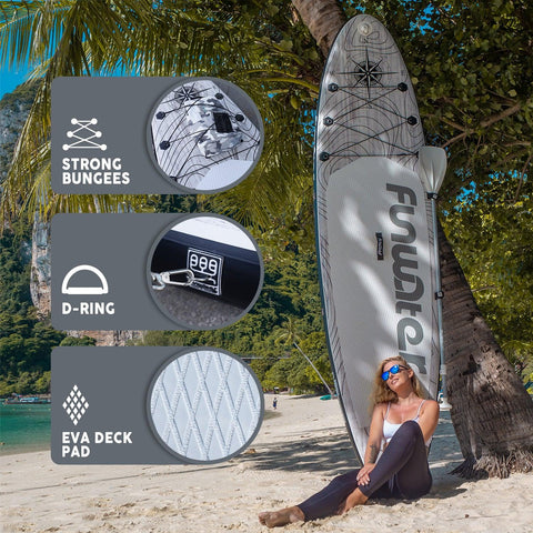 Funwater stand up paddle board’s features: STRONG BUNGEES, D-RING, and EVA DECK PAD.