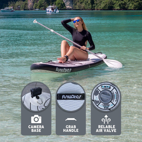 Funwater stand up paddle board’s features: camera base, RELIABLE AIR VALVE, and GRAB HANDLE.