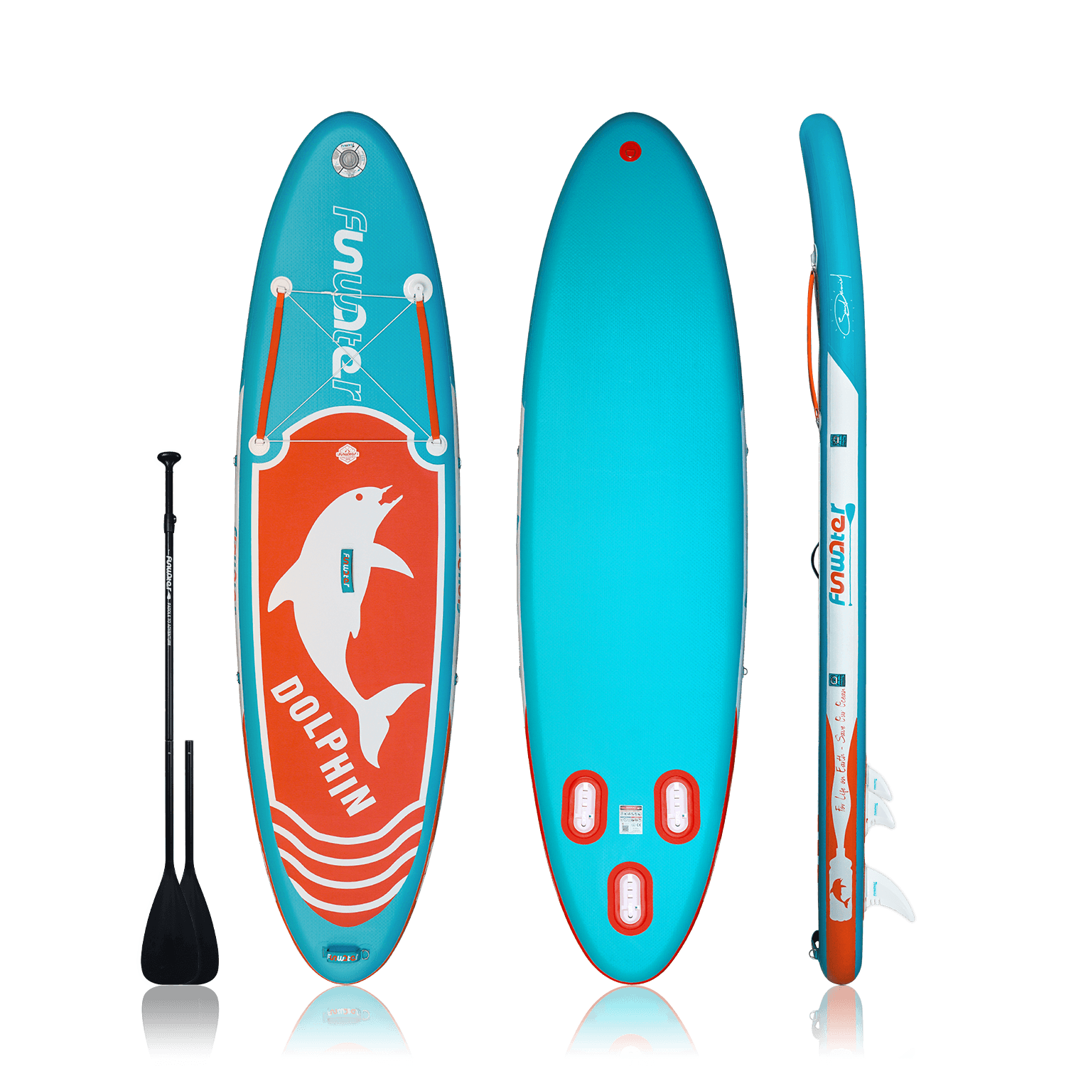 Inflatable sup board for adults features a dolphin design and come with double-blade paddle