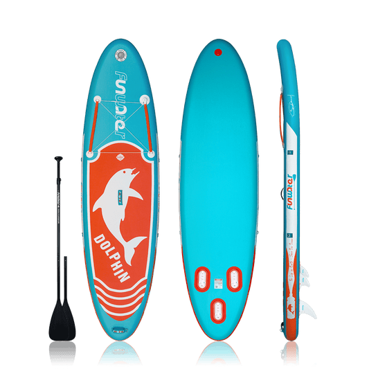 Inflatable sup board for adults features a dolphin design and come with double-blade paddle