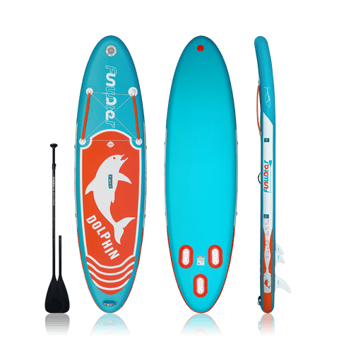 Inflatable sup board for adults features a dolphin design and come with double-blade paddle