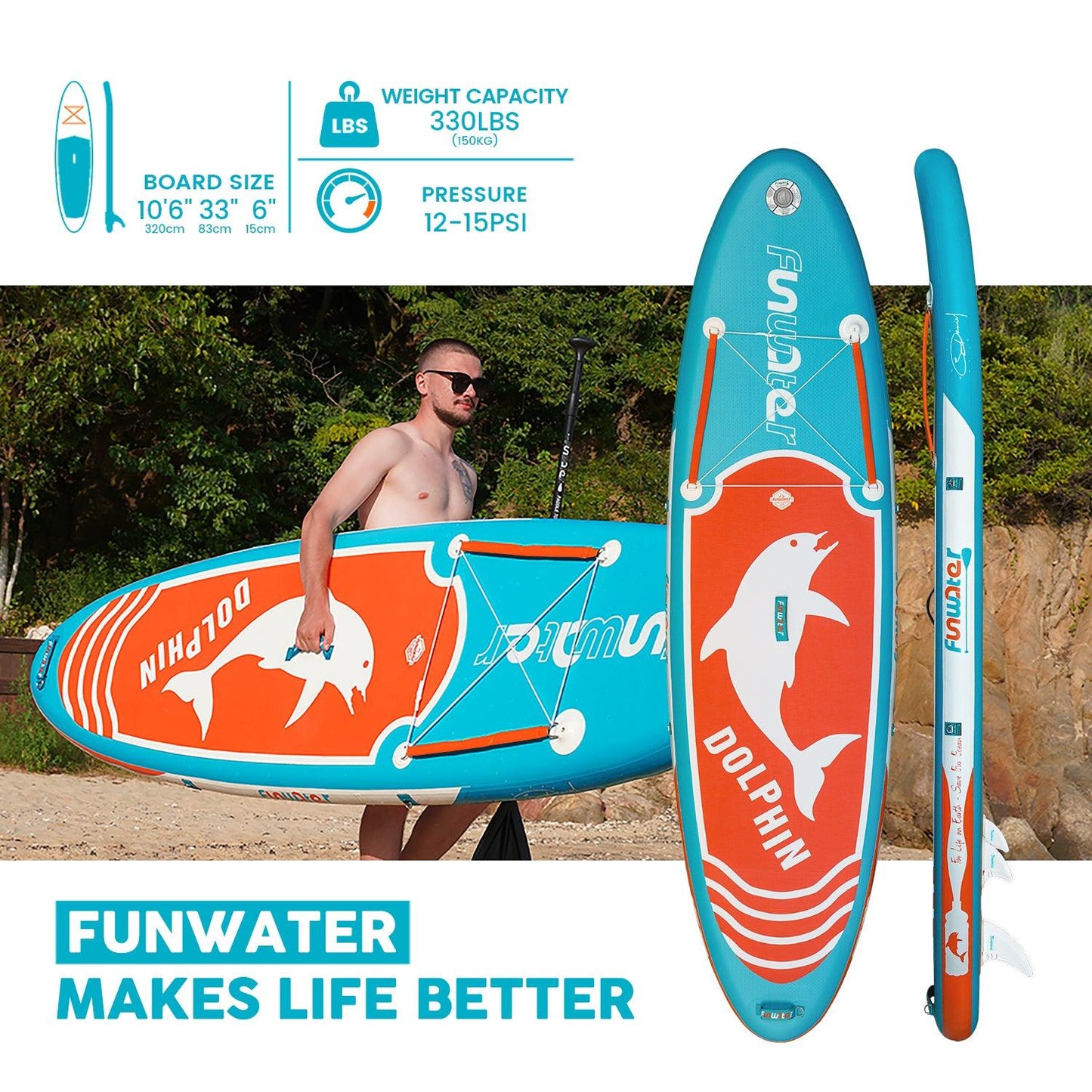 Funwater Paddle board for adults size: 10'6" x 33" x 6" // Weight Capacity: 330 lbs (150 kg)