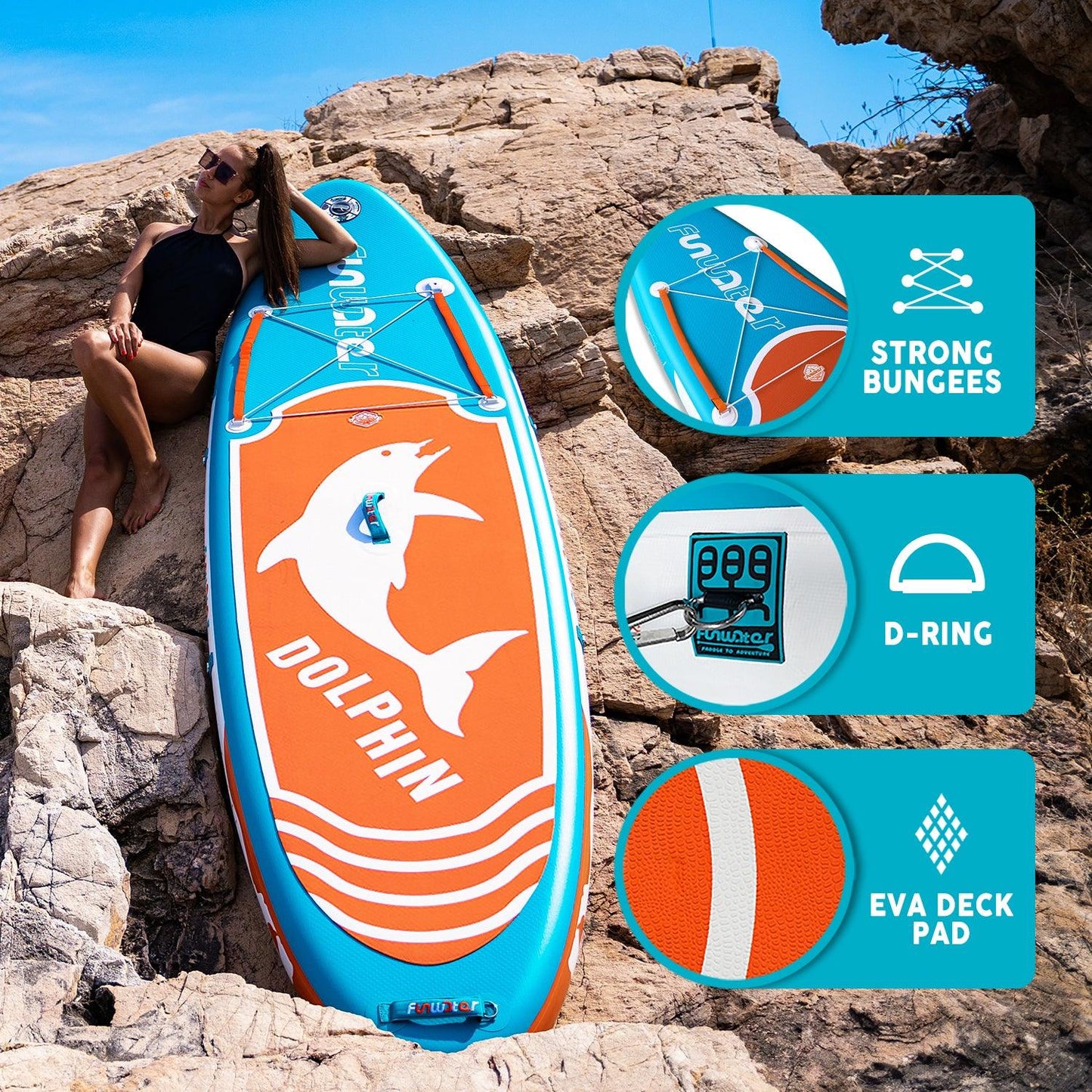 Inflatable sup board’s features: STRONG BUNGEES, D-RING, and EVA DECK PAD.