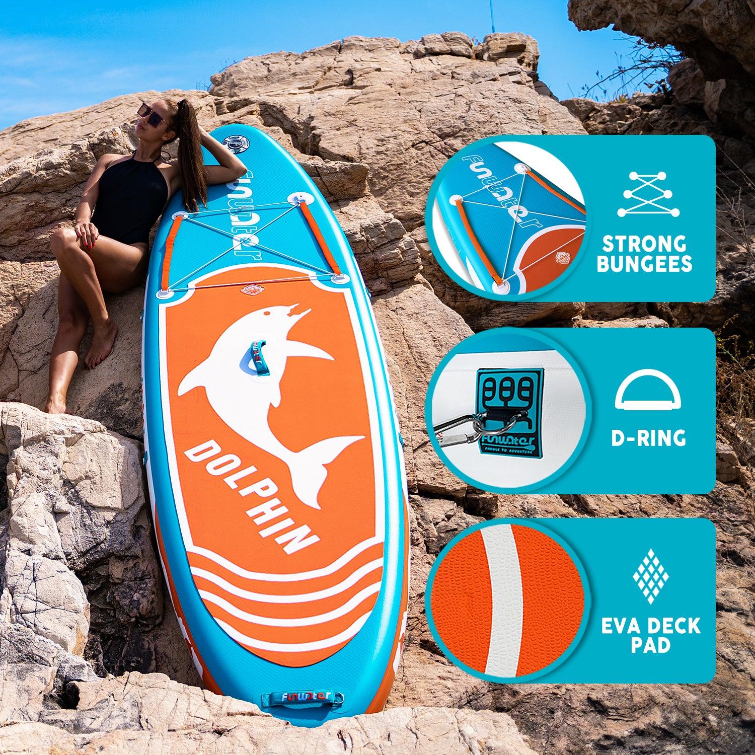 Inflatable sup board’s features: STRONG BUNGEES, D-RING, and EVA DECK PAD.