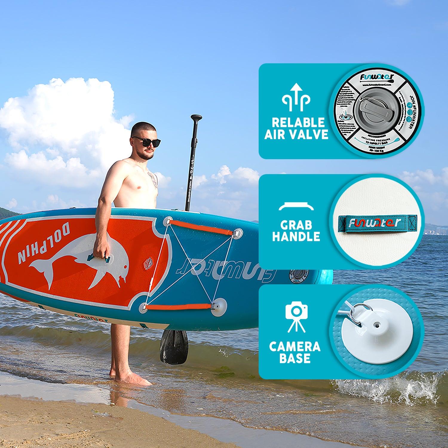 inflatable paddle board for adults features: CAMERA BASE, RELIABLE AIR VALVE, and GRAB HANDLE.