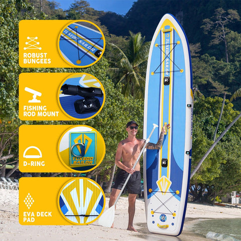 Funwater inflatable paddle board’s features: robust bungees, fishing rod mount, D-RING, and EVA DECK PAD.