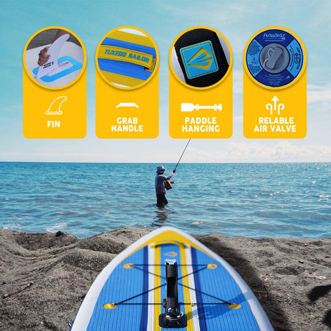 Best inflatable stand up paddle board features: FIN, RELIABLE AIR VALVE, and GRAB HANDLE, PADDLE HANGING