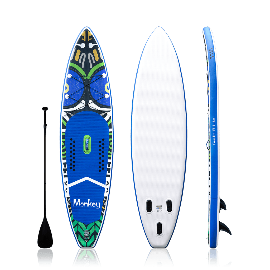 Blue Monkey SUP board features a blue design pattern on the front, a solid color on the back, and the Feath-R-Lite logo on the side. It comes standard with a black adjustable single-blade paddle 