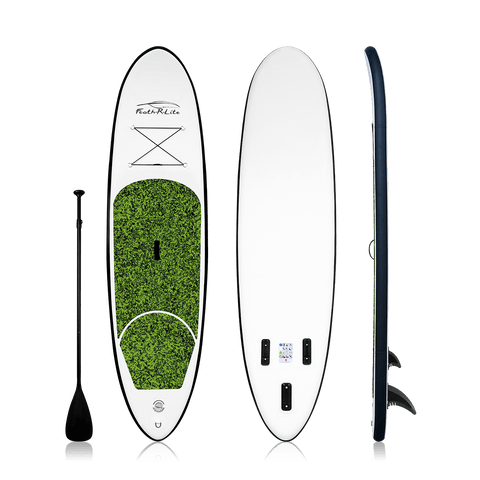 Stand up paddle board features green camouflage design and comes with a single-blade paddle.