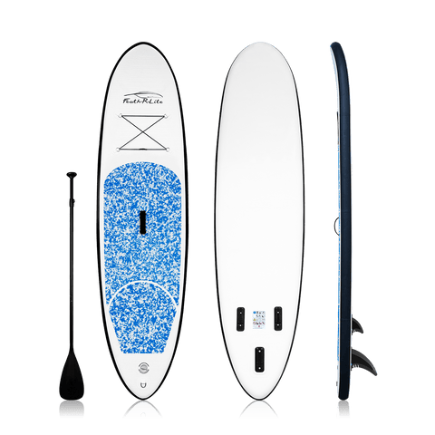 Feath-R-Lite SUP board for adults in Canada features a camouflage design and come with a single-blade paddle.