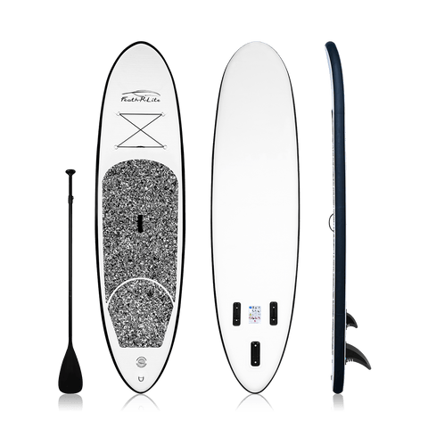 Feath-R-Lite SUP board feature a black camouflage comes with a single-blade paddle.