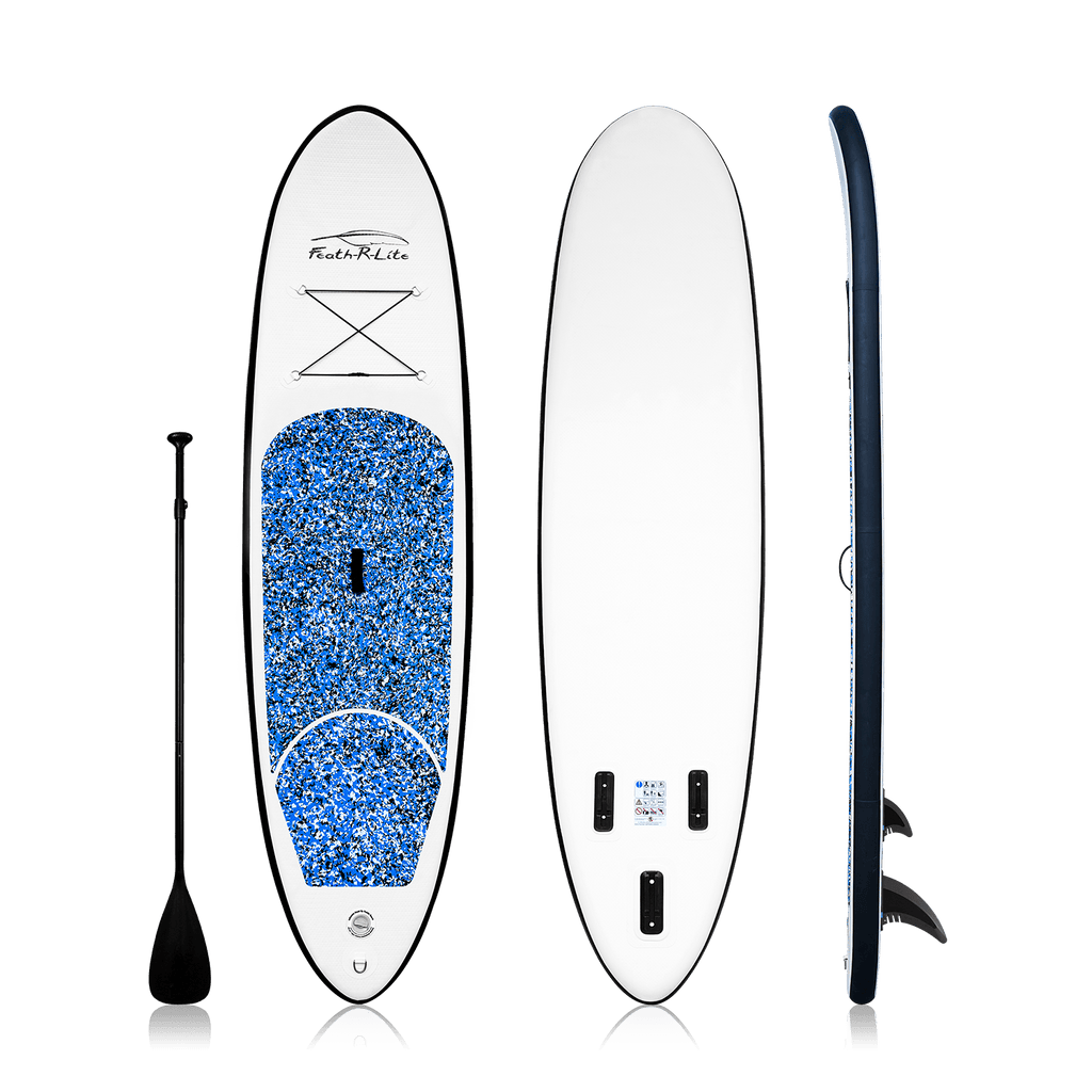 Blue Camouflage sup board features a blue design pattern on the front with the Feath-R-Lite logo, a solid color on the back. It comes standard with a black adjustable single-blade paddle.