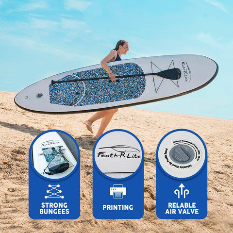 Funwater paddle board features: STRONG BUNGEES, RELIABLE AIR VALVE, and PRINTING.