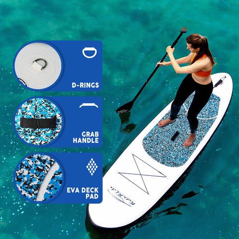 Feath-R-Lite stand up paddle board features: GRAB HANDLE, D-RING, and EVA DECK PAD.