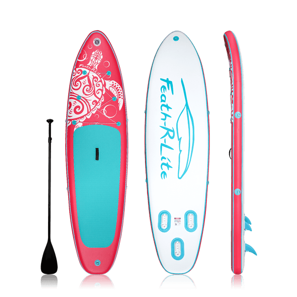 Funwater blow up paddle board for adults features pink and blude color design and comes with a single-blade paddle.