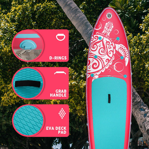 Funwater blow up paddle board’s features: STRONG BUNGEES, D-RING, and EVA DECK PAD.