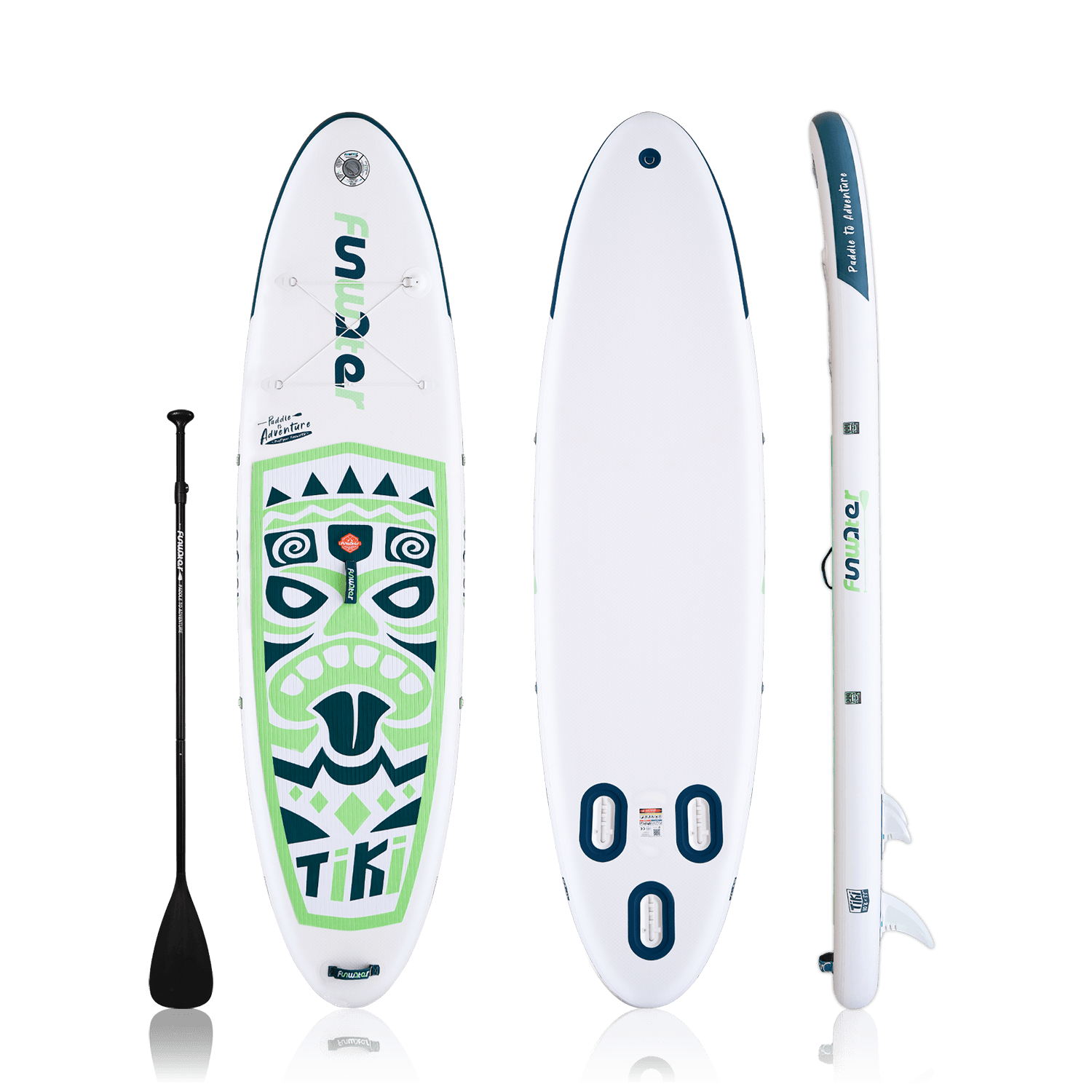 Funwater paddle board in Canada features new tiki god design,and comes with a single-blade paddle.