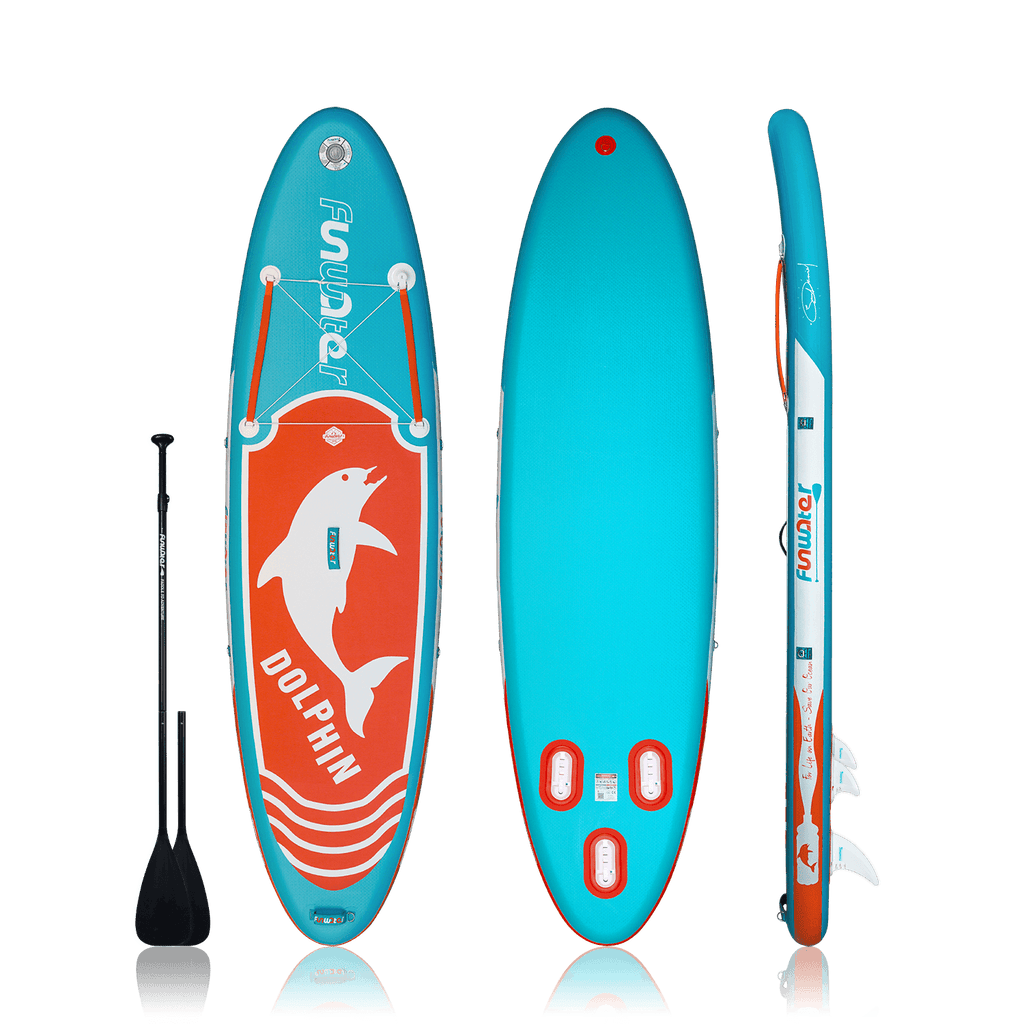 Inflatable sup board for adults features a dolphin design and come with double-blade paddle