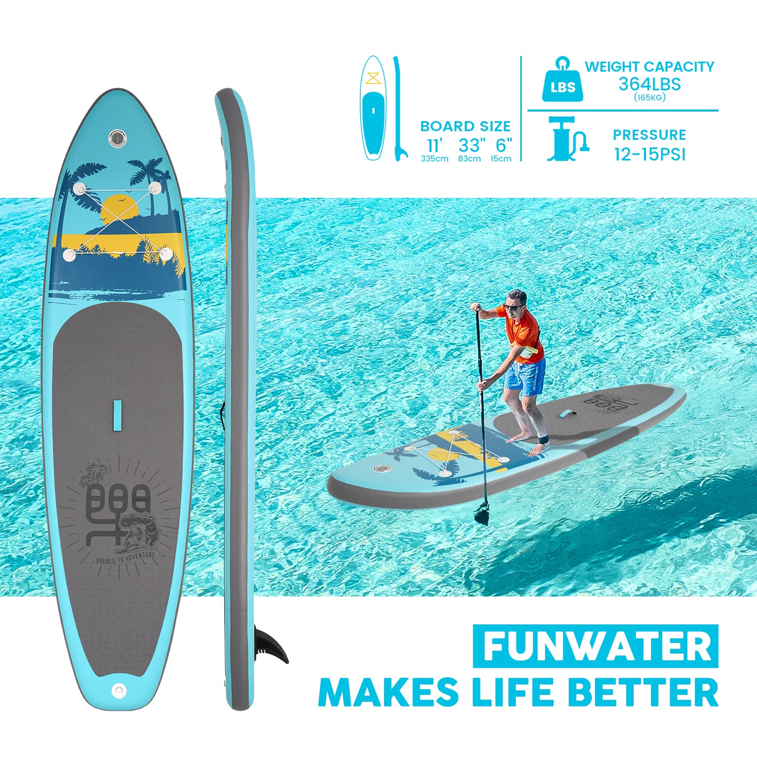 Funwater Paddle board for adults from Canada Size: 11' x 33" x 6" // Weight Capacity: 330 lbs (150 kg) 