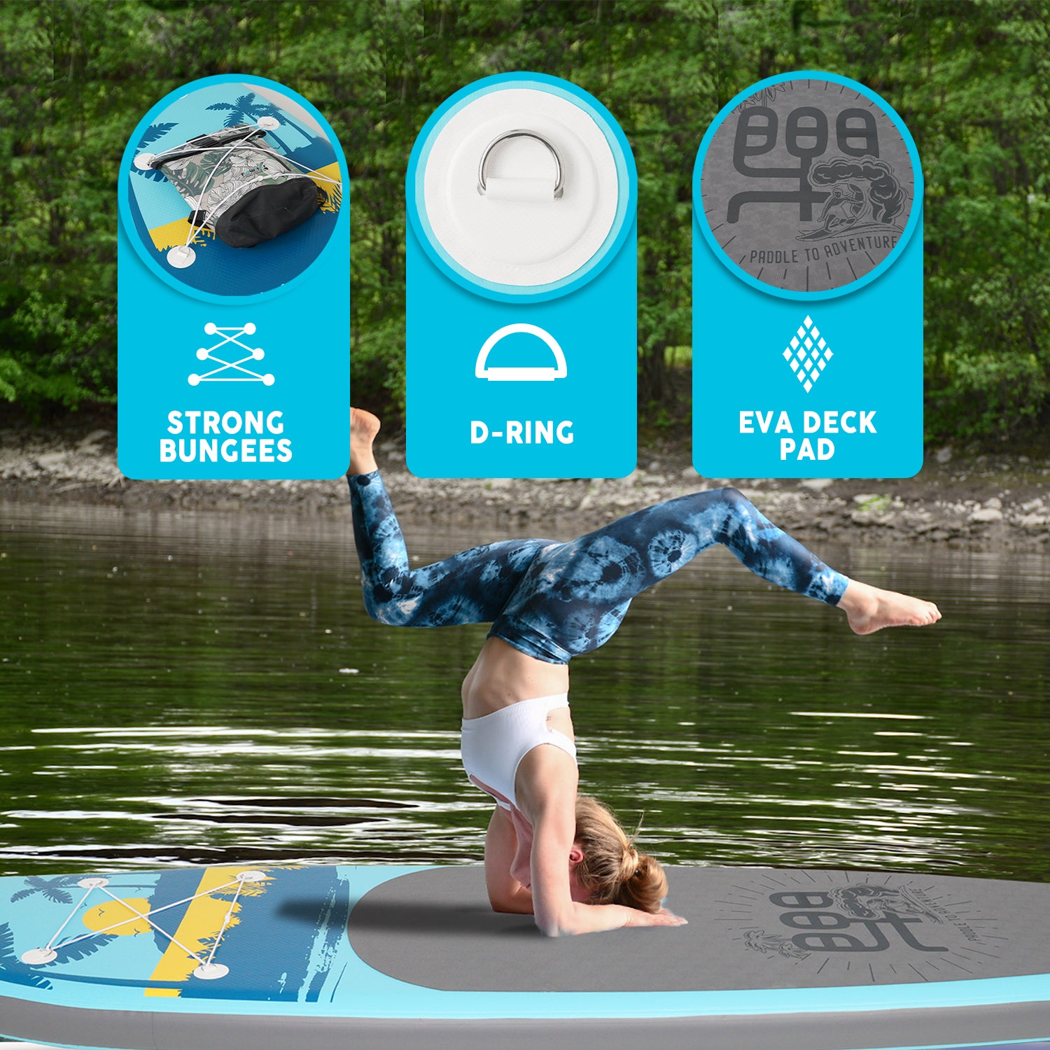 Inflatable paddle board in canada’s features: STRONG BUNGEES, D-RING, and EVA DECK PAD.